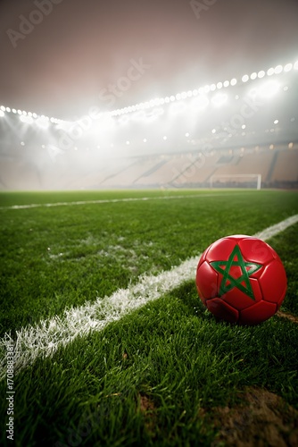Soccer ball with the flag of morocco on the field of a stadium during a soccer game