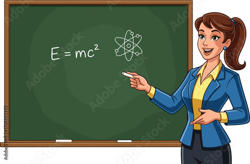 Cartoon female teacher explaining E=mc², science and physics lesson illustration, education and knowledge concept, classroom learning, atomic energy formula, vector design