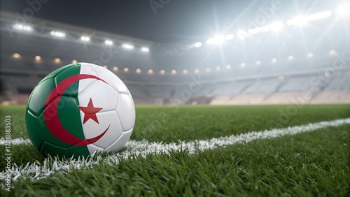 Soccer ball with the flag of algeria on the field of a soccer stadium at the championship
