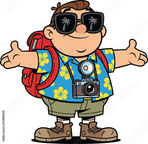 Cartoon tourist with camera and backpack, travel and vacation illustration, sightseeing and holiday adventure concept, cheerful traveler character design, leisure and exploration theme, vector art
