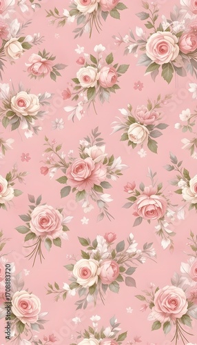 Repeating floral pattern with tiny rose bouquets on soft pink background, decorated with delicate white bows. Watercolor hand-painted style, vintage wallpaper design, feminine and romantic.