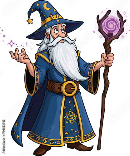 Cartoon wizard with magic staff and glowing orb, fantasy character illustration, mystical spellcasting concept, magical adventure and sorcery theme, enchanted costume design, vector art