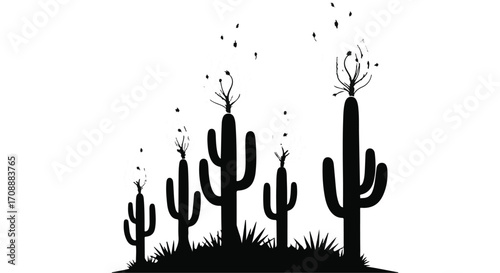 Silhouetted saguaro cacti grow in a dry desert landscape under a starry night sky.