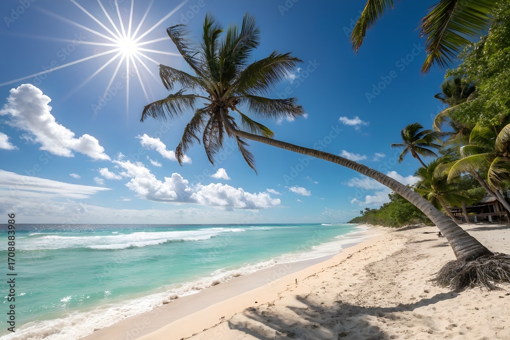 Obraz premium Idyllic tropical beach with palm tree and turquoise water in samoa on a sunny day