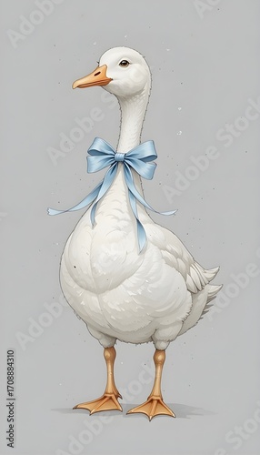 Delicate illustration of a standing goose with a light blue ribbon, painted in watercolor with clean white background. Whimsical farm animal art, soft pastel palette, minimal and elegant.