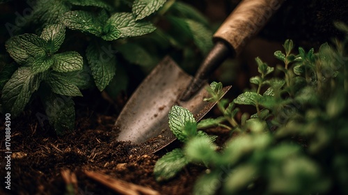 Gardening shovel in soil among plants