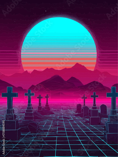 synthwave graveyard with neon cross tombstones and glowing retro sun, vibrant pink and cyan palette, futuristic Halloween background with surreal mood