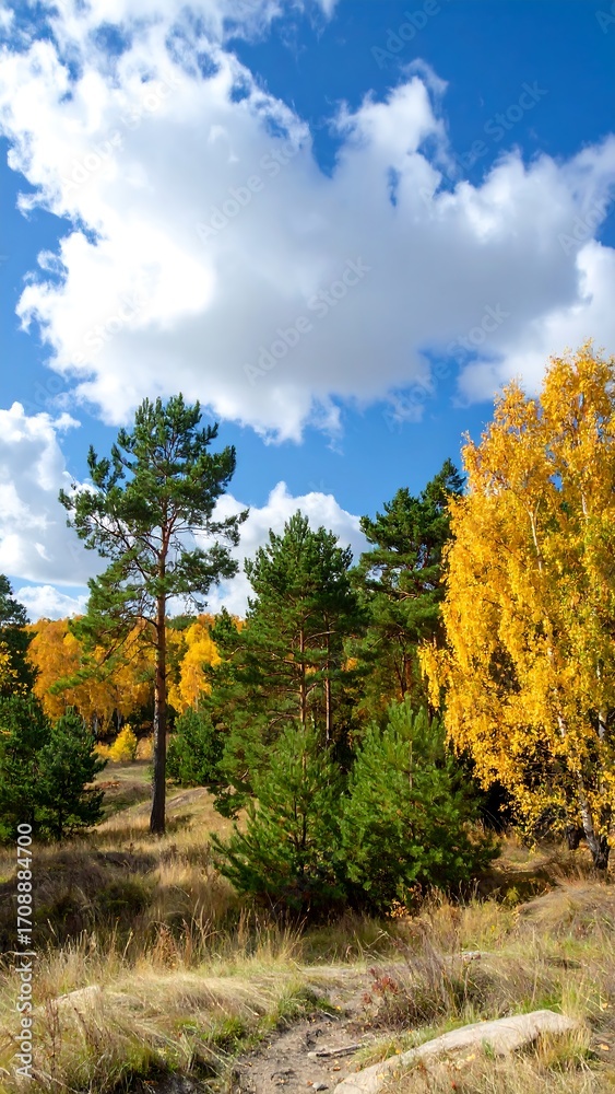 Naklejka premium Autumn forest scene under a partly cloudy sky