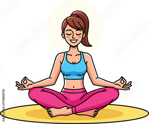 Cartoon woman meditating on yoga mat, mindfulness and relaxation illustration, wellness and mental health concept, peaceful lifestyle, inner calm practice, vector design