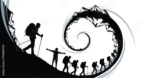 Hikers ascend a winding mountain path, symbolizing a journey of perseverance and achievement.