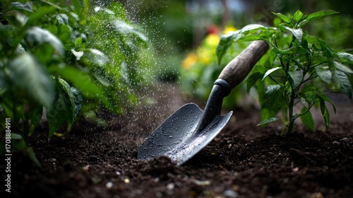 Gardening tools in soil watering