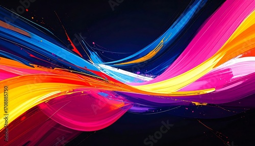Abstract artwork features vibrant streaks of paint across a dark backdrop, creating dynamic movement and colorful energy