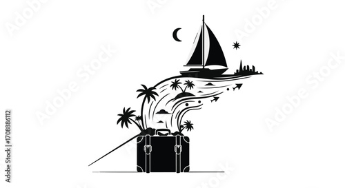 Open suitcase overflowing with tropical dreams and adventurous voyages