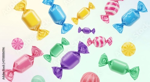 A festive and colorful assortment of wrapped candies and swirled lollipops are suspended in a lively.