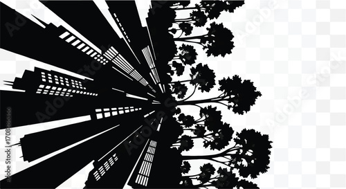 Urban skyline silhouette merging with a lush forest, symbolizing nature and city life contrast.
