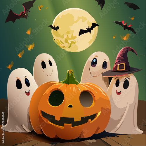 playful Halloween-themed digital illustration titled -The Boo Crew.- Centered are five cut