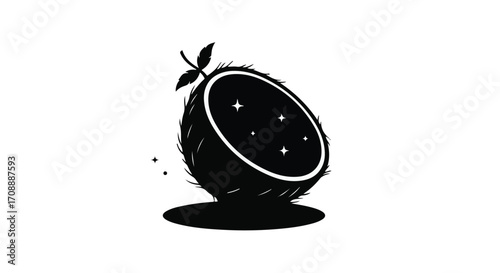 Whimsical illustration of a halved coconut with sparkling interior and leafy sprout