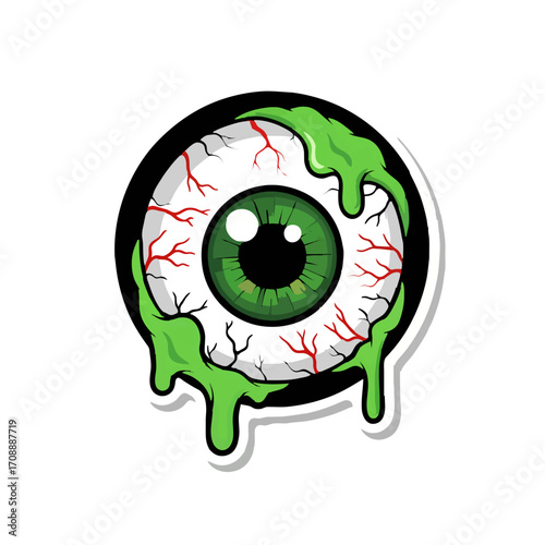 Verflüssigtes Auge mit grünem Schleim und roten Blutgefäßen auf weißem Hintergrund

