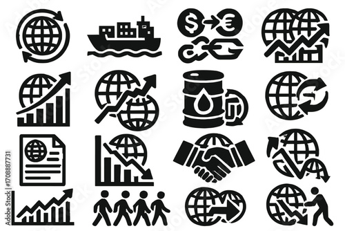 Economy growth silhouette icon set. featuring globe, shipping, currency exchange, chart, oil barrel, and handshake symbols