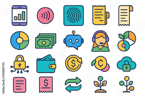 Finance and technology flat icon set. featuring smartphone, nfc, fingerprint, invoice, chatbot, and wallet symbols