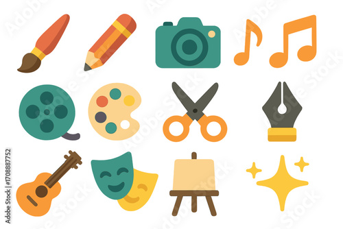 Art and creativity flat icon set. featuring paintbrush, pencil, camera, music notes, film reel, palette, scissors, nib, guitar, masks, canvas, sparkle.