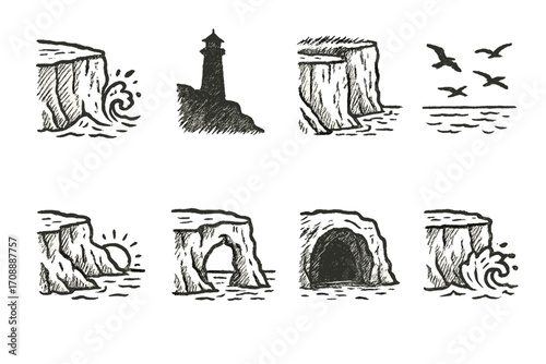 Cliff and sea silhouette icon set. featuring lighthouse, ocean waves, birds, cave, and rock formations