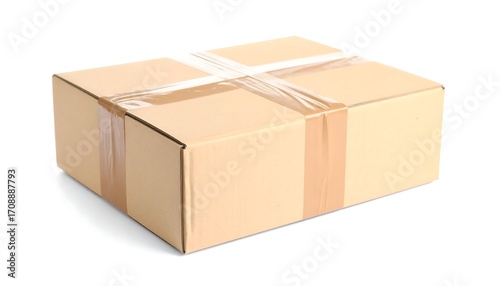 Beige cardboard shipping box taped shut