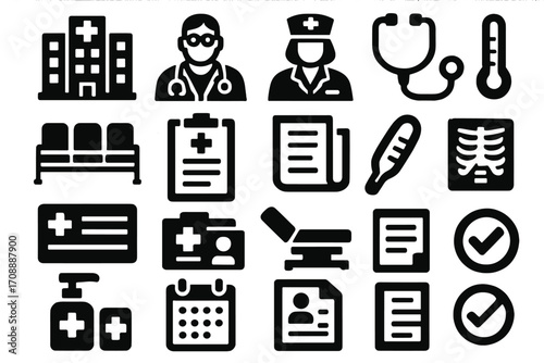 Medical facility silhouette icon set. featuring hospital, doctor, nurse, stethoscope, thermometer, and clipboard symbols