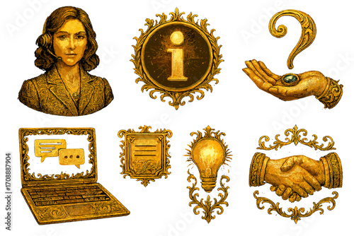 Customer service silhouette icon set. featuring agent, info, question, hand, chat, document, idea, agreement