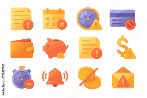 Finance alert flat icon set. featuring overdue, clock, calendar, card, wallet, piggy bank, bill, alarm, email