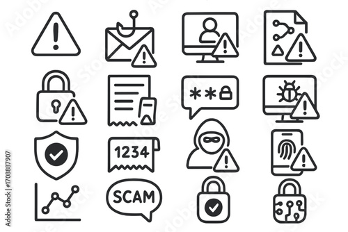Cybersecurity linear icon set. featuring alert, email, lock, password, network, scam, shield, and fingerprint symbols