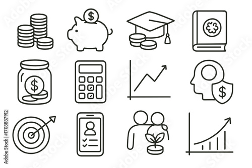 Finance and education linear icon set. featuring piggy bank, calculator, growth chart, book, and target