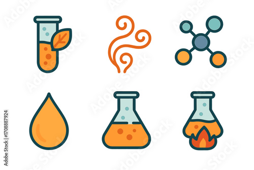 Science and chemistry flat icon set. featuring test tube, molecule, flame, drop, flask, and steam icons