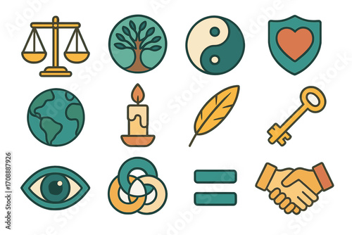 Philosophy and ethics flat icons set. scales, tree, yin yang, shield, earth, candle, feather, key, eye, venn, equality, handshake.