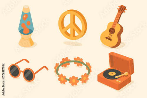 Retro 70s flat icons set. featuring lava lamp, peace symbol, guitar, sunglasses, flower crown, record player