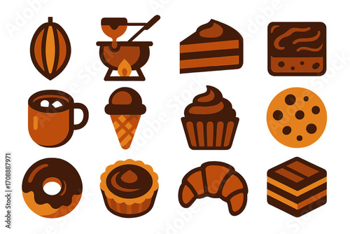 Dessert and pastry silhouette icon set. featuring cake, chocolate, cookie, cupcake, fondue, and croissant icons
