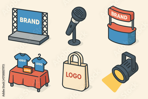Marketing and promotion flat icon set. featuring stage, microphone, booth, apparel, bag, spotlight symbols
