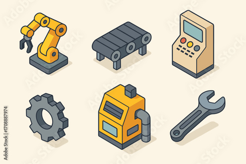 Industrial equipment isometric icon set. featuring robot arm, conveyor, control panel, gear, furnace, and wrench.