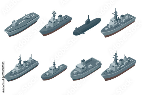 Navy ships flat icon set. featuring destroyer, frigate, submarine, aircraft carrier, patrol boat, corvette, battleship