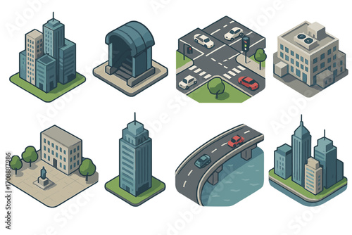 Cityscape isometric icon set. featuring skyscraper, subway, crossroad, office, plaza, tower, bridge symbols