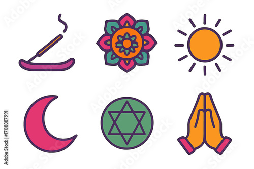 Spiritual symbols flat icon set. featuring incense, mandala, sun, moon, star, and prayer hands.