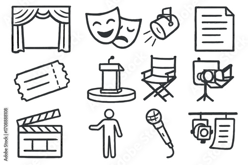 Theater and film linear icon set. featuring stage, masks, spotlight, script, ticket, podium, chair, clapper, director, microphone