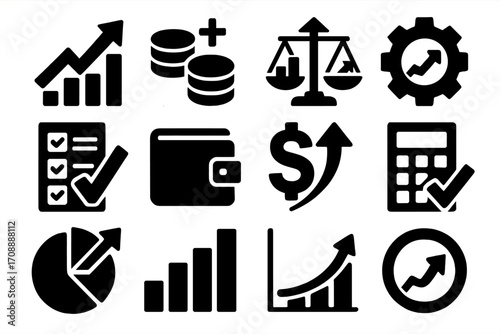 Business and finance silhouette icon set. featuring growth, currency, balance, checklist, wallet, dollar, and calculator symbols