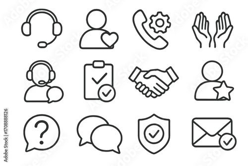 Business communication linear icon set. featuring headset, profile, call, support, handshake, feedback, and email symbols