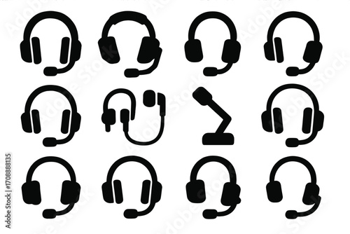 Customer support silhouette icon set. featuring headset, microphone, headphones, call center, and communication symbols