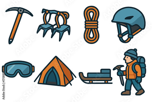 Winter adventure flat icon set. featuring ice axe, crampons, rope, helmet, goggles, tent, sled, hiker