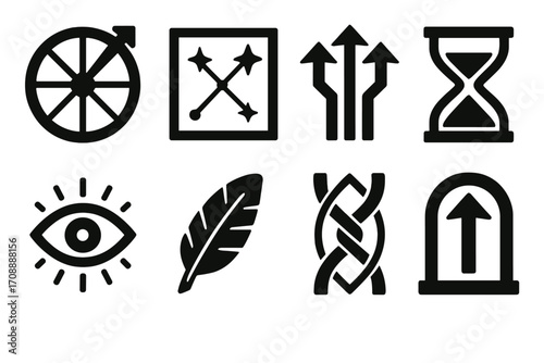 Magical elements silhouette icon set. featuring wheel, magic frame, arrows, hourglass, eye, feather, ribbons, portal designs