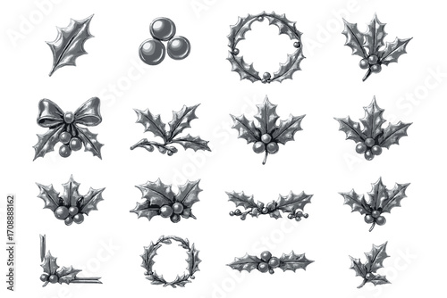 Holly leaf linear icon set. featuring leaf, berries, wreath, bow, and decorative holly designs