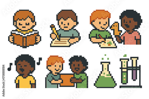 Education flat icon set. featuring reading, writing, drawing, music, teamwork, science experiment, and test tubes
