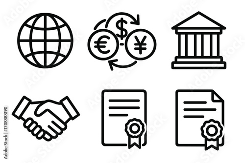 Business and finance linear icon set. featuring globe, currency exchange, bank, handshake, contract, certificate symbols